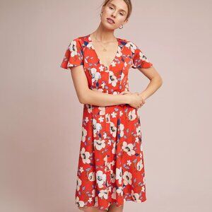Floral V-Neck Red Midi Dress